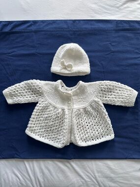 Handmade Hand Knit Baby Cardigan Sweater & Beanie Hat Set White 3-6M